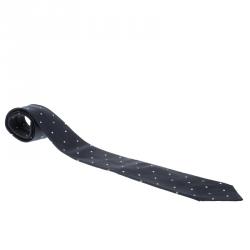 Pre Owned Chanel Navy Blue Embroidered Polka Dot and Logo Detail Silk Tie