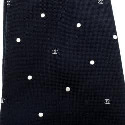 Pre Owned Chanel Navy Blue Embroidered Polka Dot and Logo Detail Silk Tie
