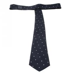 Pre Owned Chanel Navy Blue Embroidered Polka Dot and Logo Detail Silk Tie
