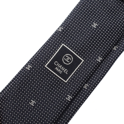 Pre Owned Chanel Navy Blue Micro Dot Logo Pattern Skinny Silk Tie