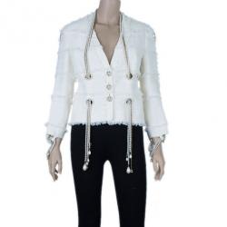 Pre Owned Chanel Ivory Tweed Lace/Pearl Trimmed Jacket M