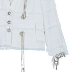 Pre Owned Chanel Ivory Tweed Lace/Pearl Trimmed Jacket M