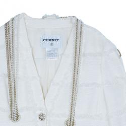 Pre Owned Chanel Ivory Tweed Lace/Pearl Trimmed Jacket M