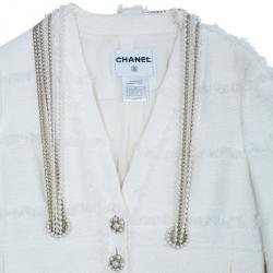 Pre Owned Chanel Ivory Tweed Lace/Pearl Trimmed Jacket M