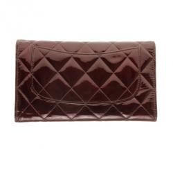 Pre Owned Chanel Dark Red Quilted Patent Classic Long Wallet