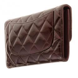 Pre Owned Chanel Dark Red Quilted Patent Classic Long Wallet