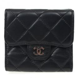 Pre Owned Chanel Black Lambskin Small Compact Wallet 