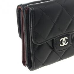 Pre Owned Chanel Black Lambskin Small Compact Wallet 