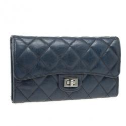Pre Owned Chanel Blue Quilted Lambskin Leather Long Flap Wallet