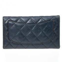 Pre Owned Chanel Blue Quilted Lambskin Leather Long Flap Wallet