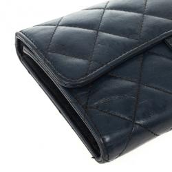 Pre Owned Chanel Blue Quilted Lambskin Leather Long Flap Wallet