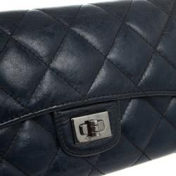 Pre Owned Chanel Blue Quilted Lambskin Leather Long Flap Wallet