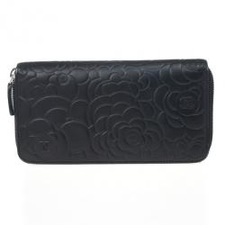 Pre Owned Chanel Black Leather Camelia Zip Wallet
