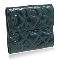 Pre Owned Chanel Teal Patent Symbols Lucky Charm Compact Wallet