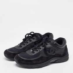 Chanel Black Suede and Neoprene CC Low Top Sneakers Size 45