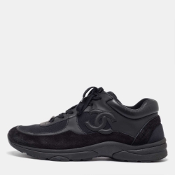 Chanel Black Suede and Neoprene CC Low Top Sneakers Size 45