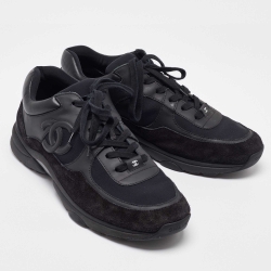 Chanel Black Suede and Neoprene CC Low Top Sneakers Size 45