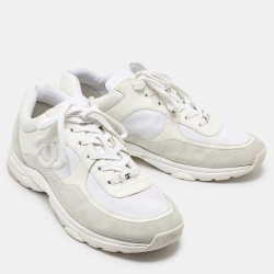 Chanel White Suede and Neoprene CC Low Top Sneakers Size 45