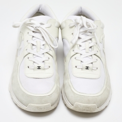 Chanel White Suede and Neoprene CC Low Top Sneakers Size 45