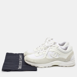 Chanel White Suede and Neoprene CC Low Top Sneakers Size 45