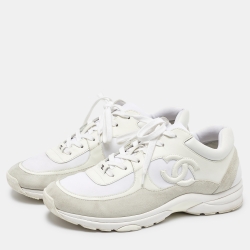 Chanel White Suede and Neoprene CC Low Top Sneakers Size 45