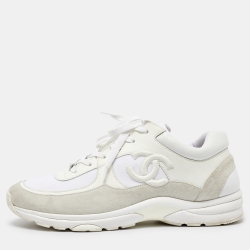 Chanel White Suede and Neoprene CC Low Top Sneakers Size 45