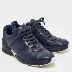 Pre Owned Chanel Navy Blue Leather and Satin Lace Up Sneakers Size 42
