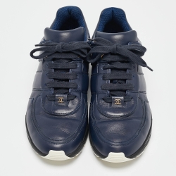Pre Owned Chanel Navy Blue Leather and Satin Lace Up Sneakers Size 42