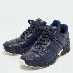 Pre Owned Chanel Navy Blue Leather and Satin Lace Up Sneakers Size 42