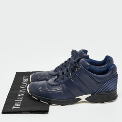 Pre Owned Chanel Navy Blue Leather and Satin Lace Up Sneakers Size 42
