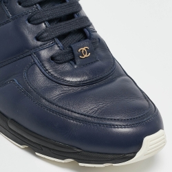 Pre Owned Chanel Navy Blue Leather and Satin Lace Up Sneakers Size 42