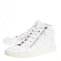 Chanel White Leather CC High Top Sneakers Size 45