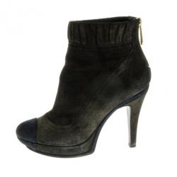Chanel Grey Suede CC Cap Toe Ankle Boots Size 37