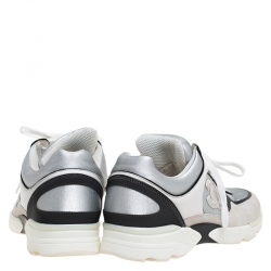 Chanel Silver/Black Leather and Fabric CC Lace Up Sneakers Size 41