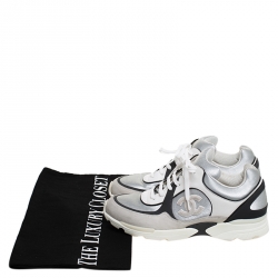 Chanel Silver/Black Leather and Fabric CC Lace Up Sneakers Size 41