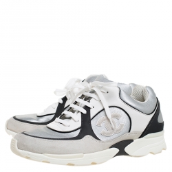Chanel Silver/Black Leather and Fabric CC Lace Up Sneakers Size 41