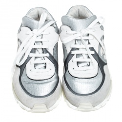 Chanel Silver/Black Leather and Fabric CC Lace Up Sneakers Size 41