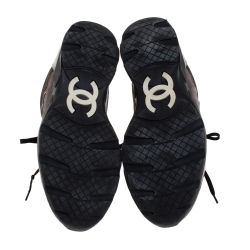 Pre Owned Chanel Black/Grey Neoprene Fabric and Leather Stitched CC Lace Up Sneakers Size 44