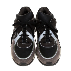 Pre Owned Chanel Black/Grey Neoprene Fabric and Leather Stitched CC Lace Up Sneakers Size 44
