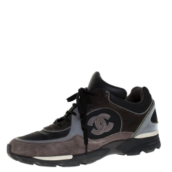 Pre Owned Chanel Black/Grey Neoprene Fabric and Leather Stitched CC Lace Up Sneakers Size 44