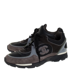 Pre Owned Chanel Black/Grey Neoprene Fabric and Leather Stitched CC Lace Up Sneakers Size 44
