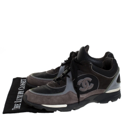 Pre Owned Chanel Black/Grey Neoprene Fabric and Leather Stitched CC Lace Up Sneakers Size 44