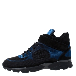 Chanel Black/Blue Mesh/Fabric and Suede CC High Top Sneakers Size 42