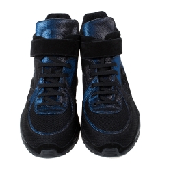 Chanel Black/Blue Mesh/Fabric and Suede CC High Top Sneakers Size 42