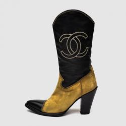 Chanel Beige & Black Mid Calf Boots Size 37.5