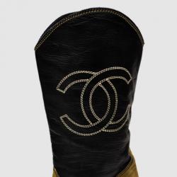 Chanel Beige & Black Mid Calf Boots Size 37.5