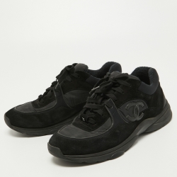 Pre Owned Chanel Black/Blue Nylon and Suede CC Low Top Sneakers Size 43