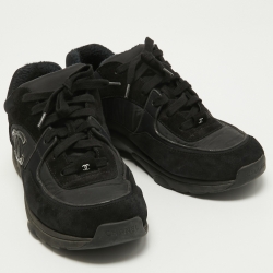 Pre Owned Chanel Black/Blue Nylon and Suede CC Low Top Sneakers Size 43