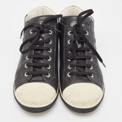 Chanel Black/White Leather and Suede CC Mid Top Sneakers Size 42