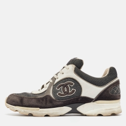 Chanel White/Grey Leather and Suede CC Interlocking Logo Low Top Sneakers Size 41